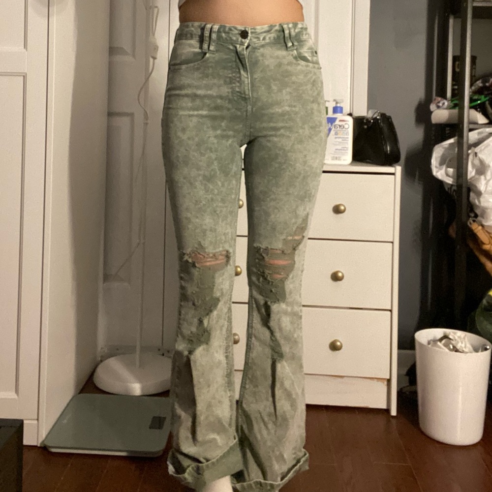 Forever 21 Y2K Green Flare Ripped Jeans